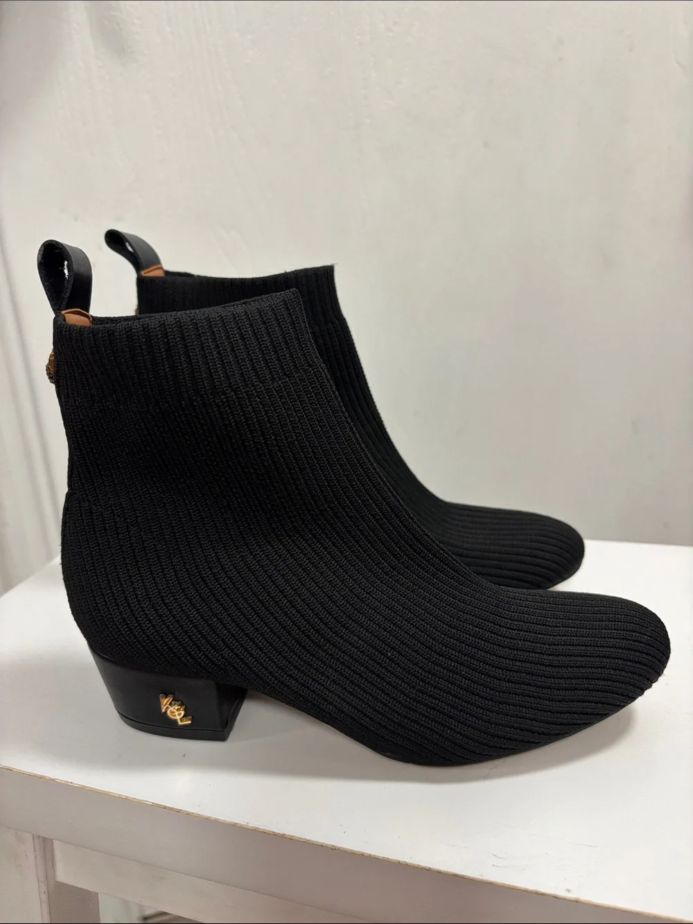 Kurt Geiger Black Knit Ankle Boot with Gold Logo Heel